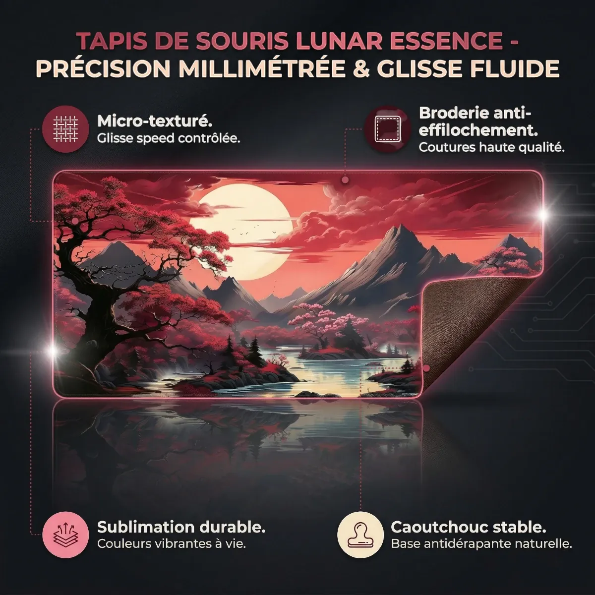 Infographie technique du tapis de souris Lunar Essence soulignant la base antidérapante, la broderie et la surface haute densité.