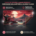 Infographie technique du tapis de souris Lunar Essence soulignant la base antidérapante, la broderie et la surface haute densité.