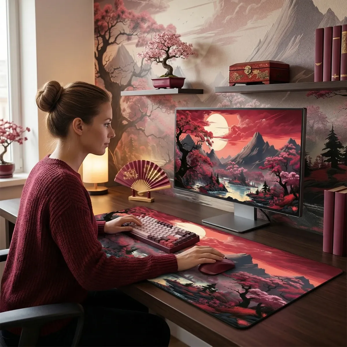 Femme travaillant sur un bureau ergonomique avec le tapis de souris XXL Lunar Essence au design japonais de cerisiers.