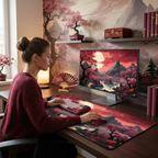 Femme travaillant sur un bureau ergonomique avec le tapis de souris XXL Lunar Essence au design japonais de cerisiers.