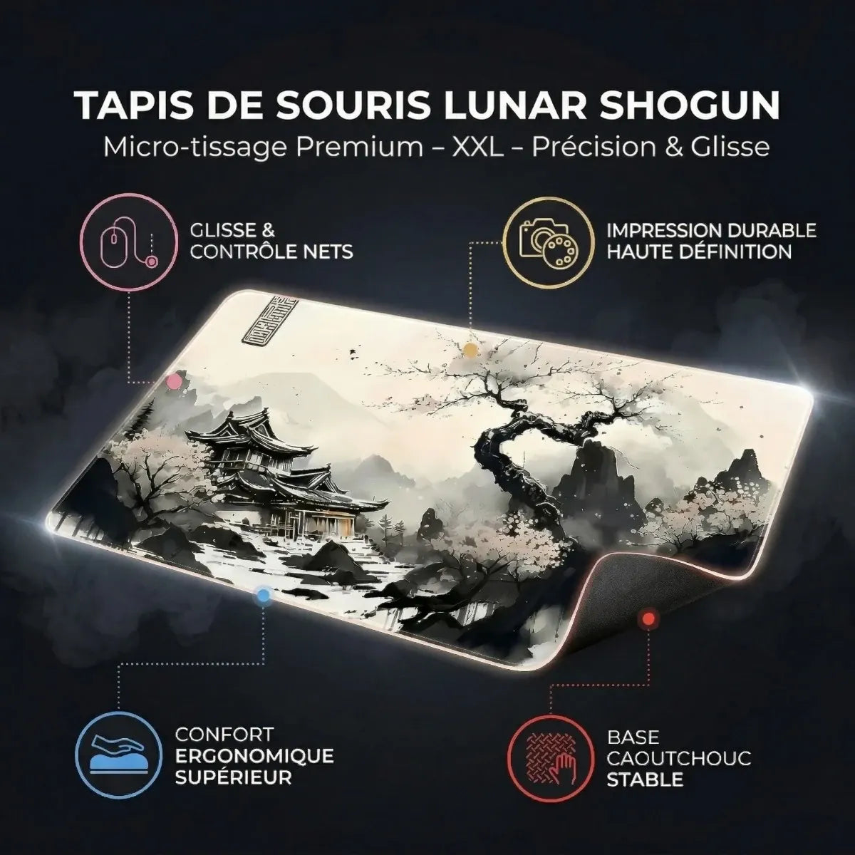 Infographie des caractéristiques clés du tapis de souris Lunar Shogun XXL, avec des points d'appel pour la glisse et le contrôle, l'impression durable, le confort ergonomique et la base antidérapante.