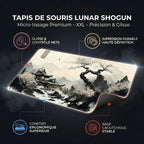 Infographie des caractéristiques clés du tapis de souris Lunar Shogun XXL, avec des points d'appel pour la glisse et le contrôle, l'impression durable, le confort ergonomique et la base antidérapante.
