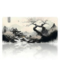 Tapis de souris Lunar Shogun XXL avec design d'art traditionnel japonais de temple et cerisier en fleurs (sakura) sur fond blanc avec reflet.