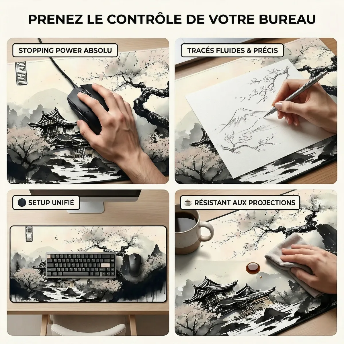 Infographie en 4 panneaux du tapis de souris Lunar Shogun XXL, montrant le contrôle absolu pour le jeu, la précision pour le dessin, un setup unifié et la résistance aux projections.