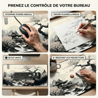 Infographie en 4 panneaux du tapis de souris Lunar Shogun XXL, montrant le contrôle absolu pour le jeu, la précision pour le dessin, un setup unifié et la résistance aux projections.