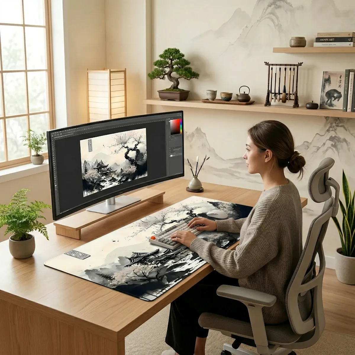 Une femme utilisant un tapis de souris Lunar Shogun XXL sur un bureau en bois clair avec un grand moniteur, un clavier et un bonsaï, illustrant la précision et la glisse.