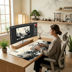 Une femme utilisant un tapis de souris Lunar Shogun XXL sur un bureau en bois clair avec un grand moniteur, un clavier et un bonsaï, illustrant la précision et la glisse.