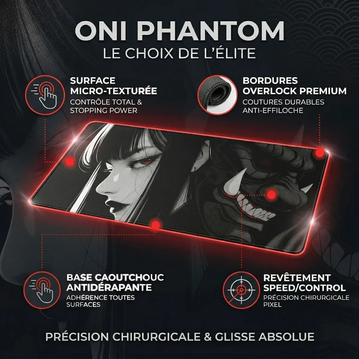 Infographie détaillée des caractéristiques techniques du tapis de souris Oni Phantom XXL, expliquant la surface micro-texturée, les bordures overlock premium, la base antidérapante et le revêtement speed/control pour une glisse absolue.