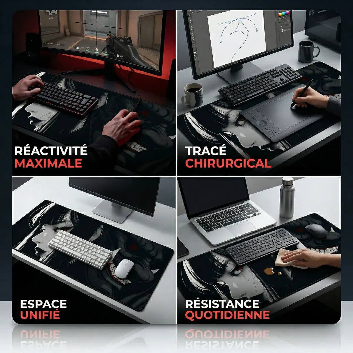 Infographie présentant quatre scénarios d'utilisation du tapis de souris Oni Phantom XXL : réactivité pour le jeu compétitif, tracé chirurgical pour la création, espace unifié pour le bureau minimaliste et résistance quotidienne pour le travail hybride.
