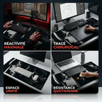 Infographie présentant quatre scénarios d'utilisation du tapis de souris Oni Phantom XXL : réactivité pour le jeu compétitif, tracé chirurgical pour la création, espace unifié pour le bureau minimaliste et résistance quotidienne pour le travail hybride.