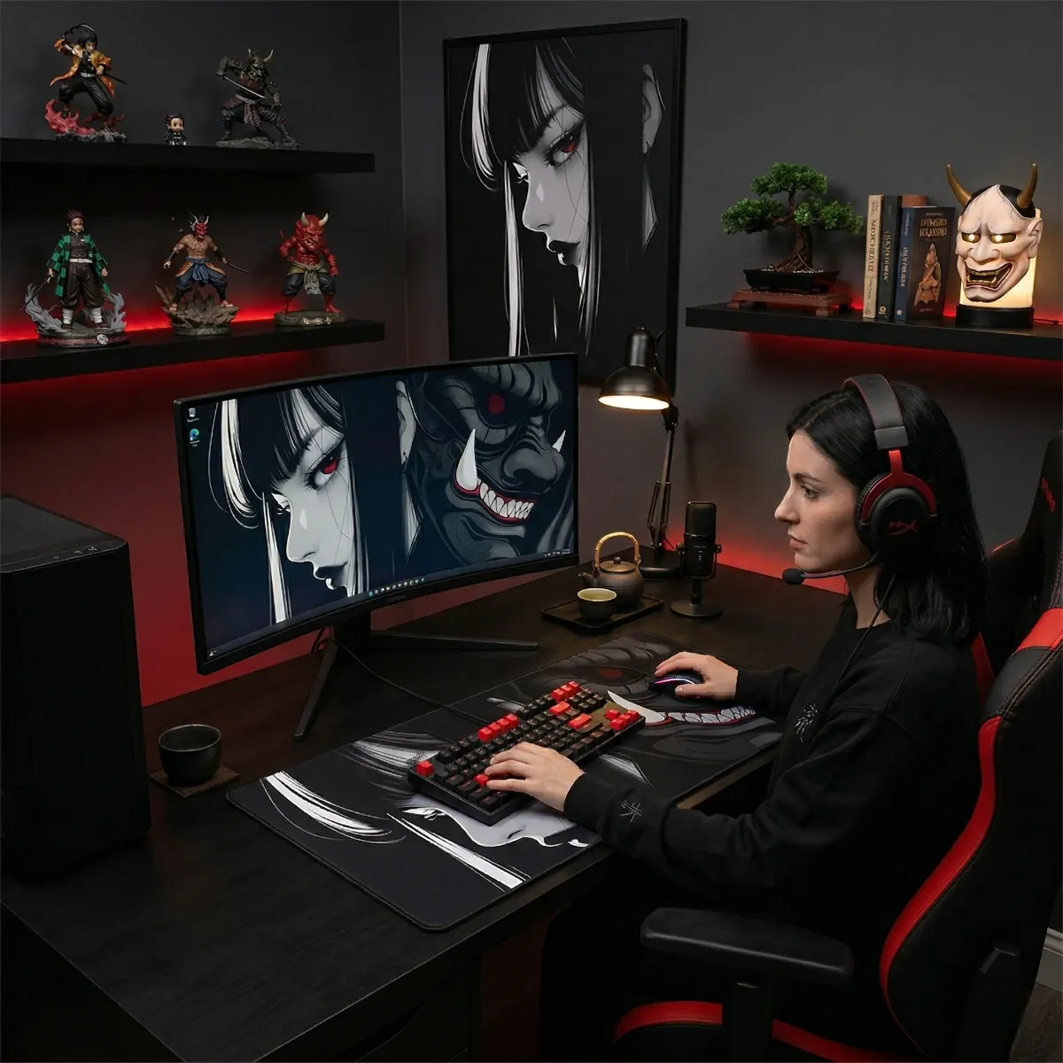 Vue d'ambiance d'un setup de jeu complet avec le tapis de souris Oni Phantom XXL au centre, utilisé par une gameuse dans une pièce décorée de figurines et d'un masque Oni japonais.
