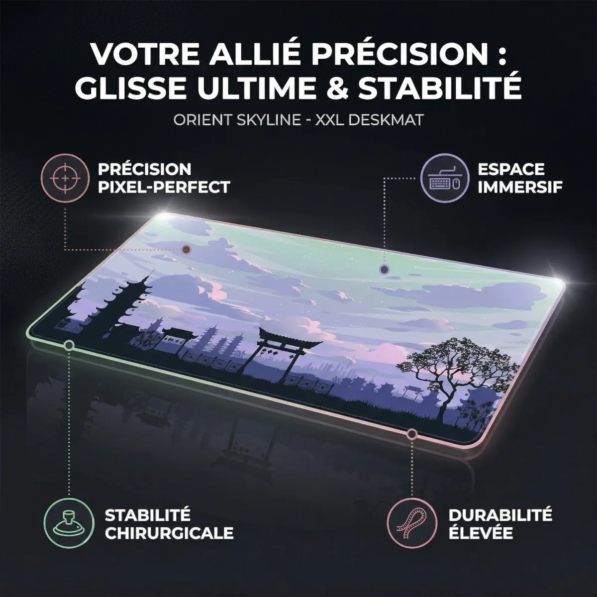 Infographie du Tapis de Souris Orient Skyline détaillant la précision pixel-perfect, la stabilité chirurgicale et sa durabilité élevée.