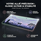 Infographie du Tapis de Souris Orient Skyline détaillant la précision pixel-perfect, la stabilité chirurgicale et sa durabilité élevée.