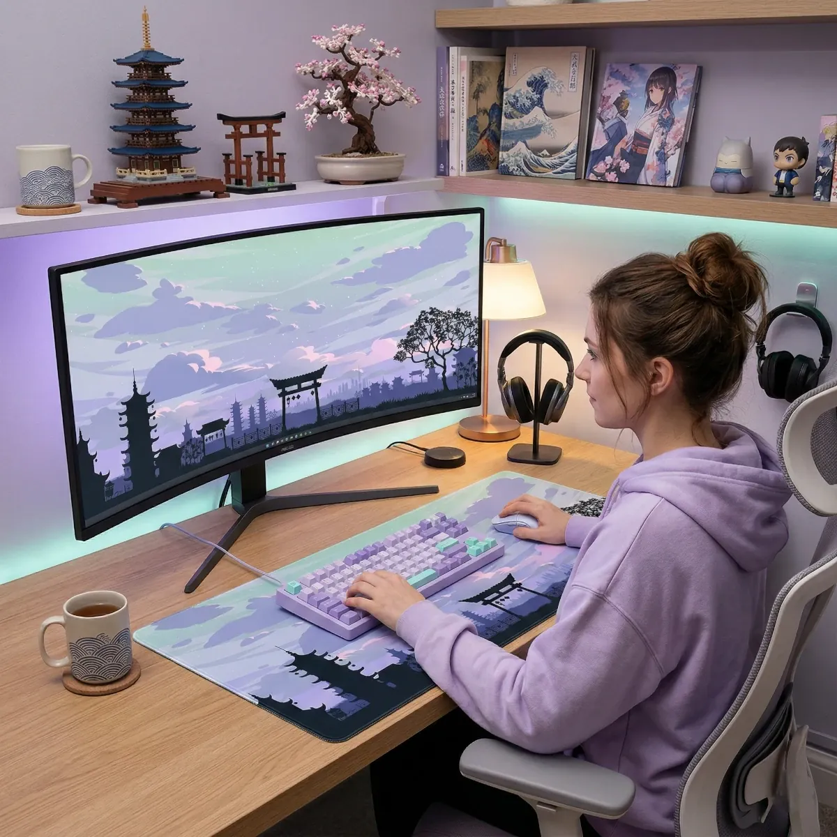 Vue d'ensemble d'une station de jeu organisée avec le Tapis de Souris Orient Skyline XXL créant un espace de travail unifié pour clavier et souris.
