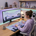 Vue d'ensemble d'une station de jeu organisée avec le Tapis de Souris Orient Skyline XXL créant un espace de travail unifié pour clavier et souris.