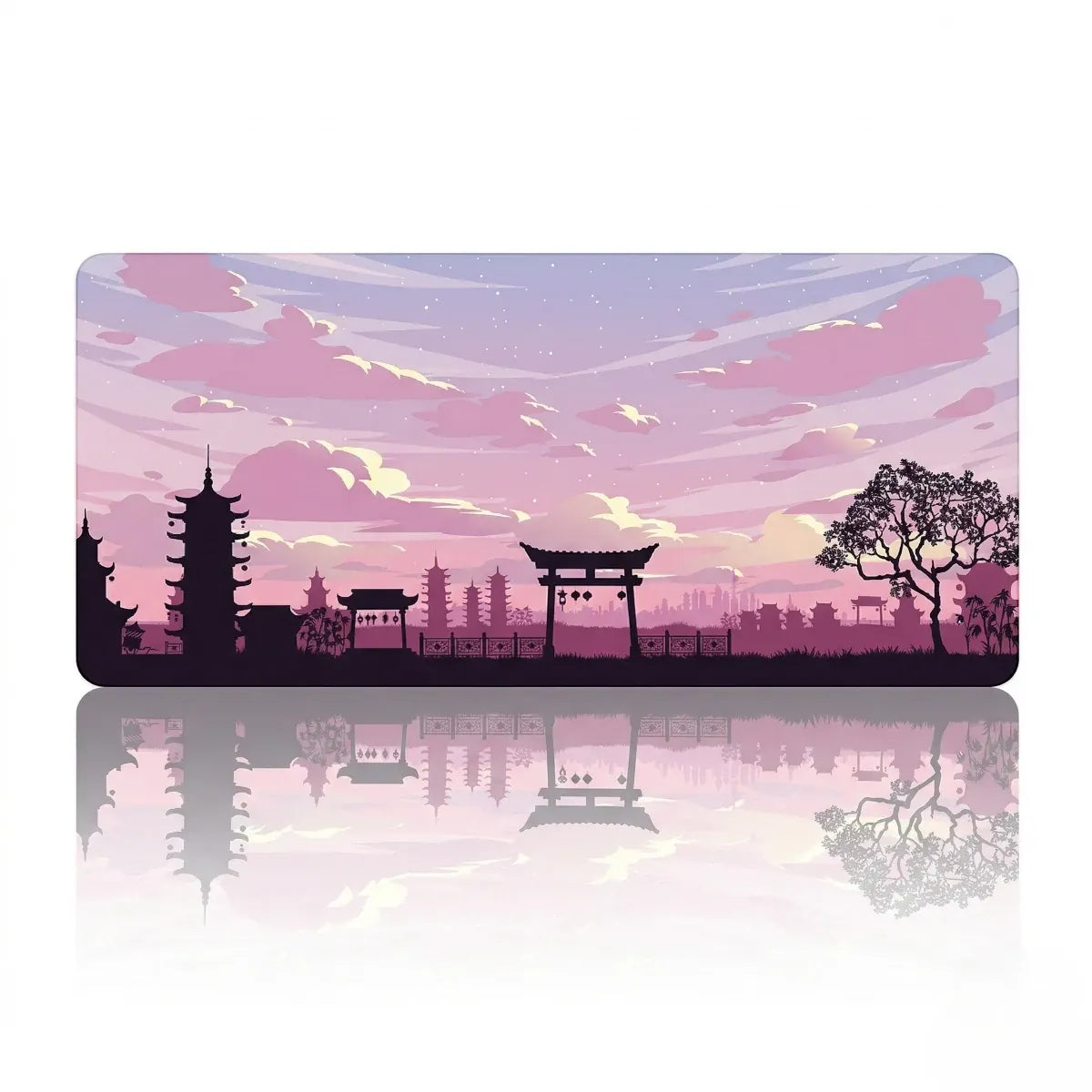 Tapis de souris XXL Orient Skyline en Tissu Haute Densité, coloris Mauve Aurore Sérénité. Précision et glisse optimales avec un design de silhouettes de pagode bordeaux et porte torii sous un ciel d'aurore rose, avec réflexion.