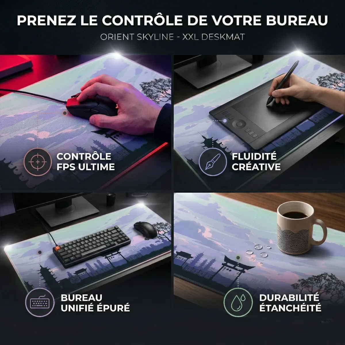 Action shot d'une main utilisant une souris de jeu sur le Tapis de Souris Orient Skyline, mettant en avant la texture haute densité pour une précision chirurgicale.
