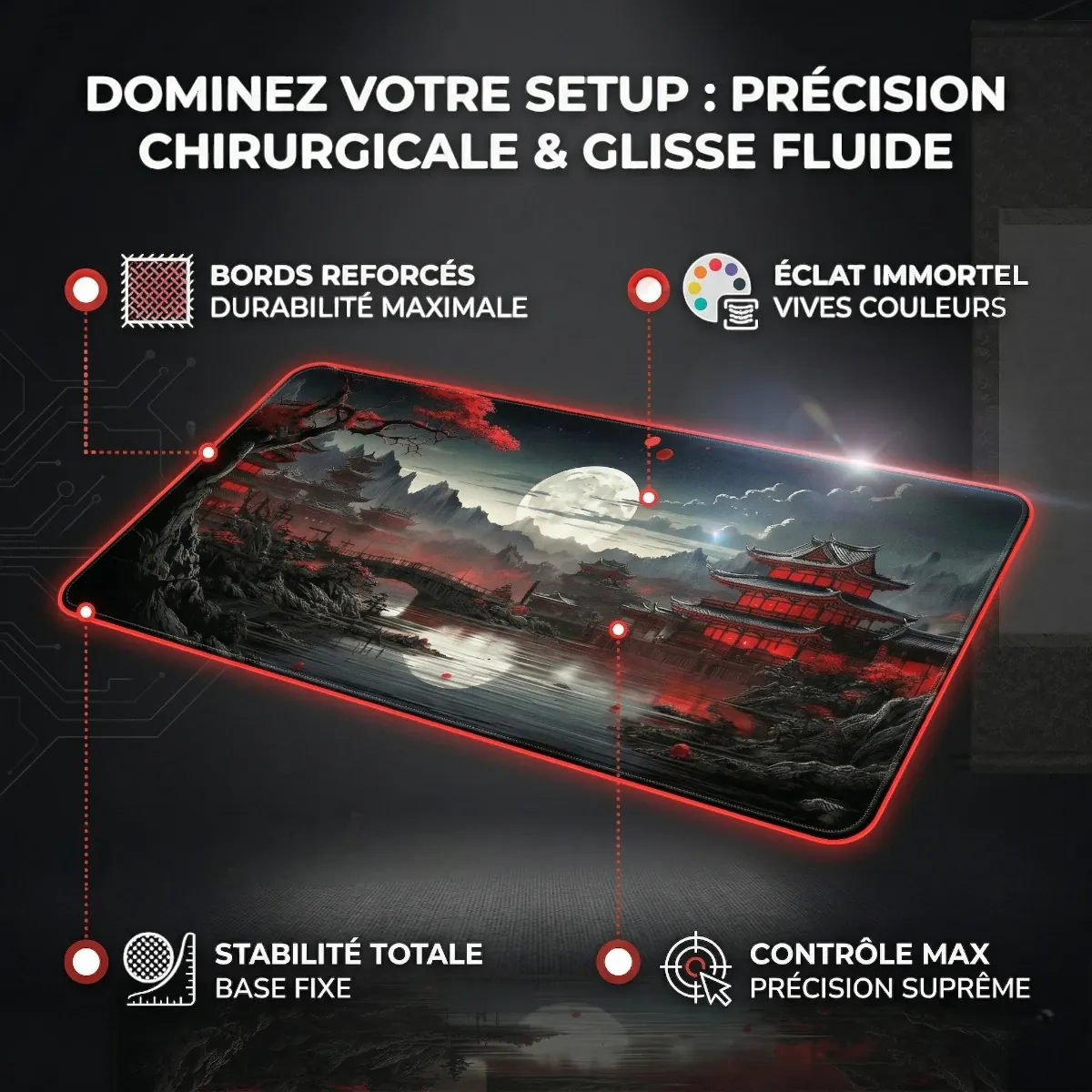 Caractéristiques techniques du Tapis de souris Ronin Red montrant les bords renforcés, la base antidérapante et la surface micro-texturée pour une précision chirurgicale.