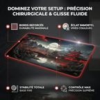 Caractéristiques techniques du Tapis de souris Ronin Red montrant les bords renforcés, la base antidérapante et la surface micro-texturée pour une précision chirurgicale.