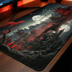 Vue rapprochée en 3/4 du Tapis de souris Ronin Red soulignant la qualité des coutures anti-effilochement et la finesse du tissu haute densité.
