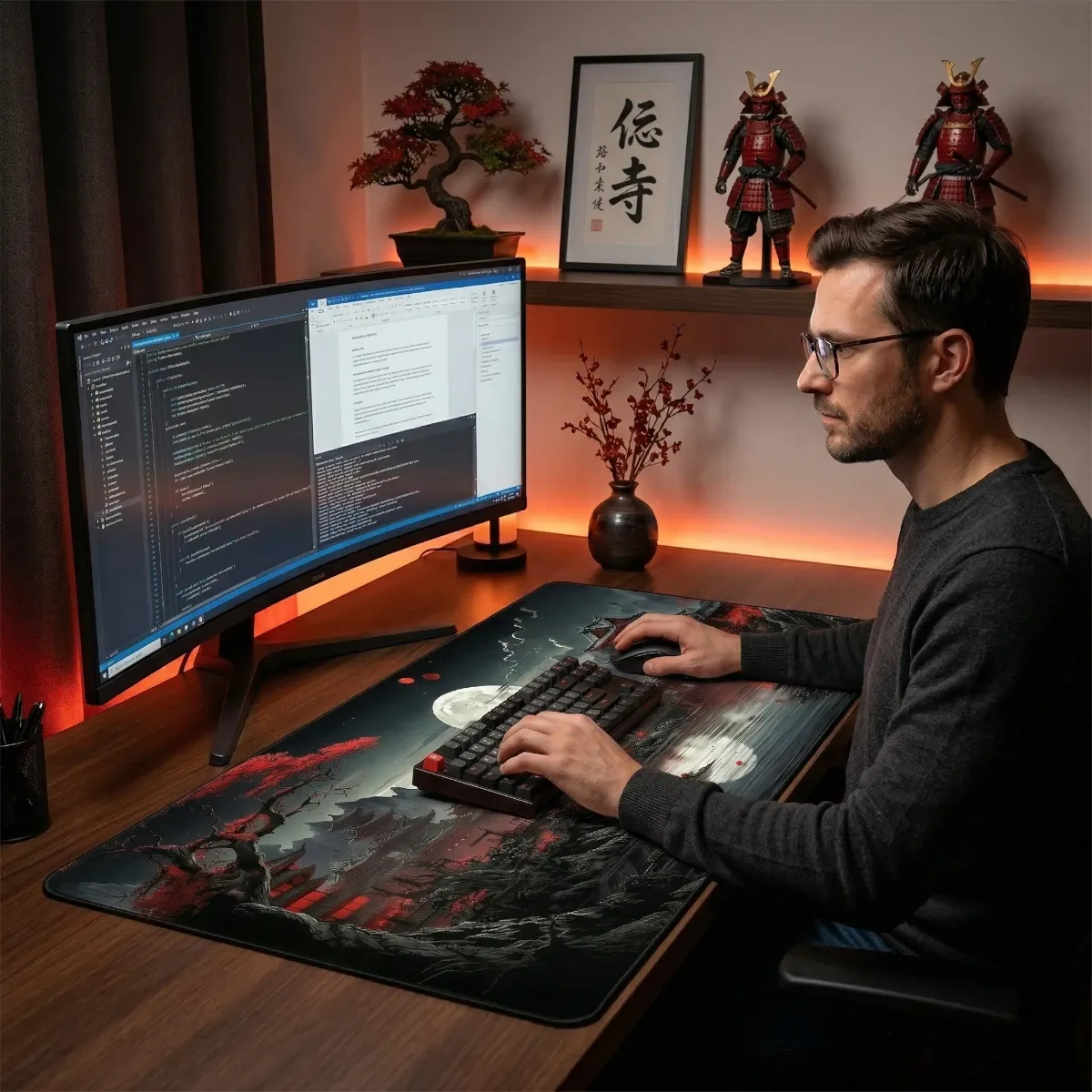 Mise en situation du Tapis de souris Ronin Red XXL dans un bureau de gamer professionnel avec décoration japonaise, figurines samouraïs et écran incurvé.