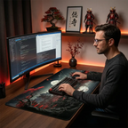 Mise en situation du Tapis de souris Ronin Red XXL dans un bureau de gamer professionnel avec décoration japonaise, figurines samouraïs et écran incurvé.