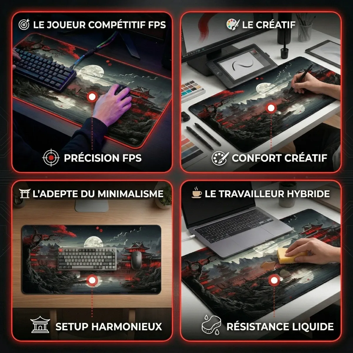 Infographie du Tapis de souris Ronin Red XXL illustrant les 4 scénarios d'usage : Gaming FPS, Création graphique, Setup minimaliste et Résistance aux liquides.