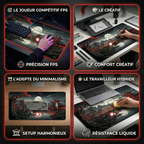 Infographie du Tapis de souris Ronin Red XXL illustrant les 4 scénarios d'usage : Gaming FPS, Création graphique, Setup minimaliste et Résistance aux liquides.