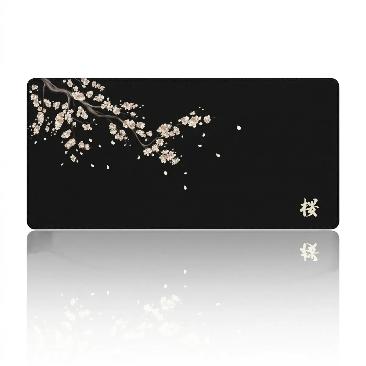 Tapis de souris Sakura Midnight XXL noir et fleurs blanc ivoire, design minimaliste japonais pour setup dark.