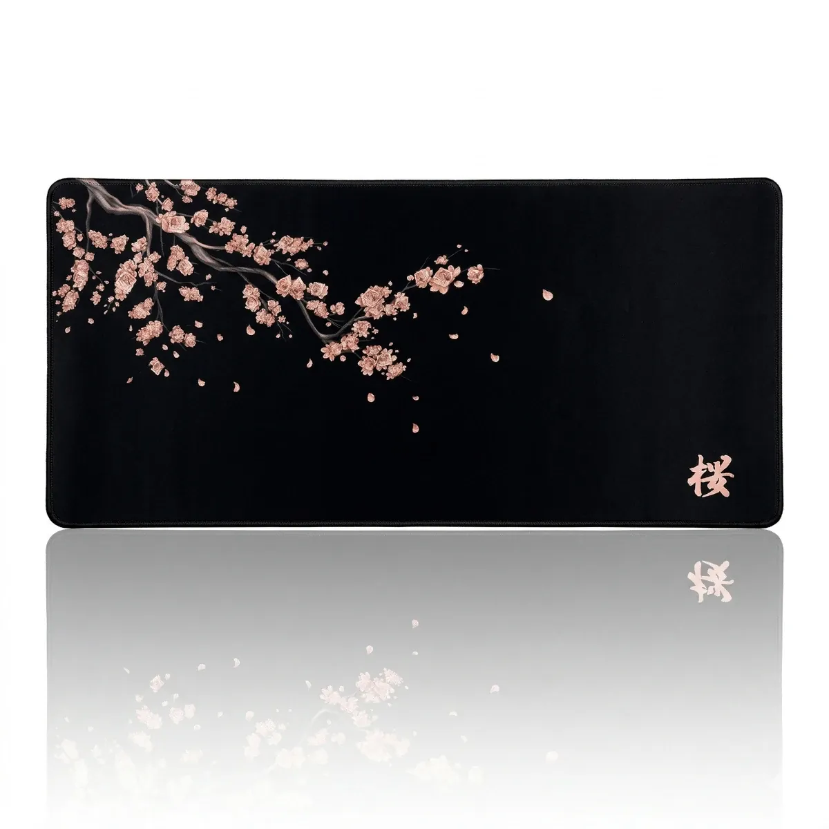 Tapis de souris Sakura Midnight XXL noir avec motif cerisier japonais couleur cuivre rose, glisse haute précision.