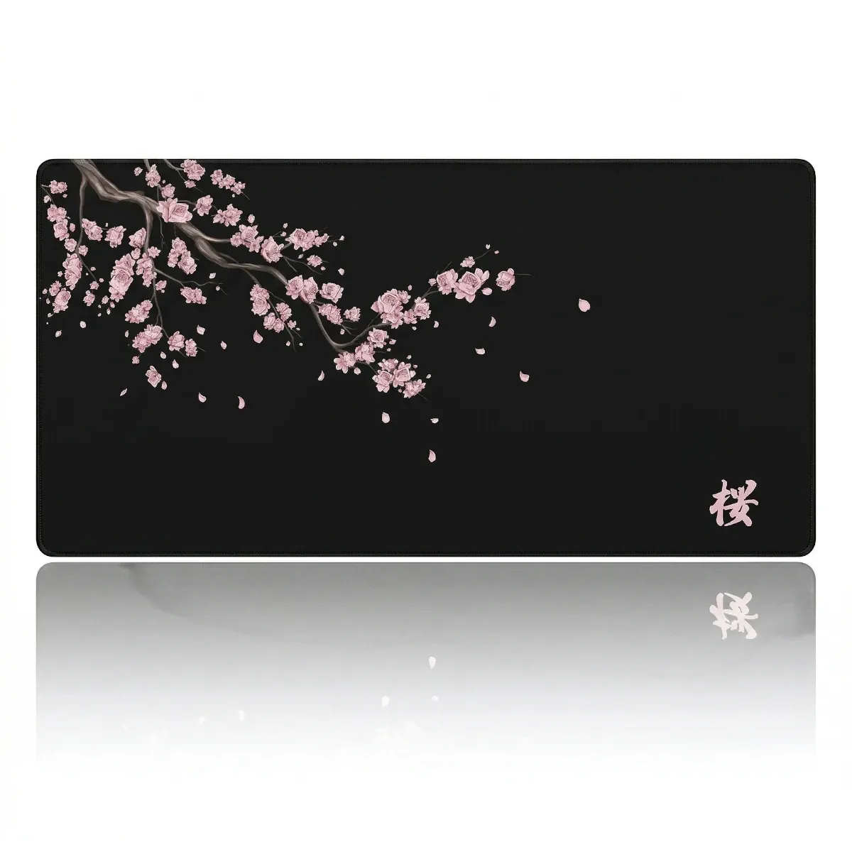Tapis de souris Sakura Midnight XXL noir avec fleurs de cerisier roses, base antidérapante et confort XXL.