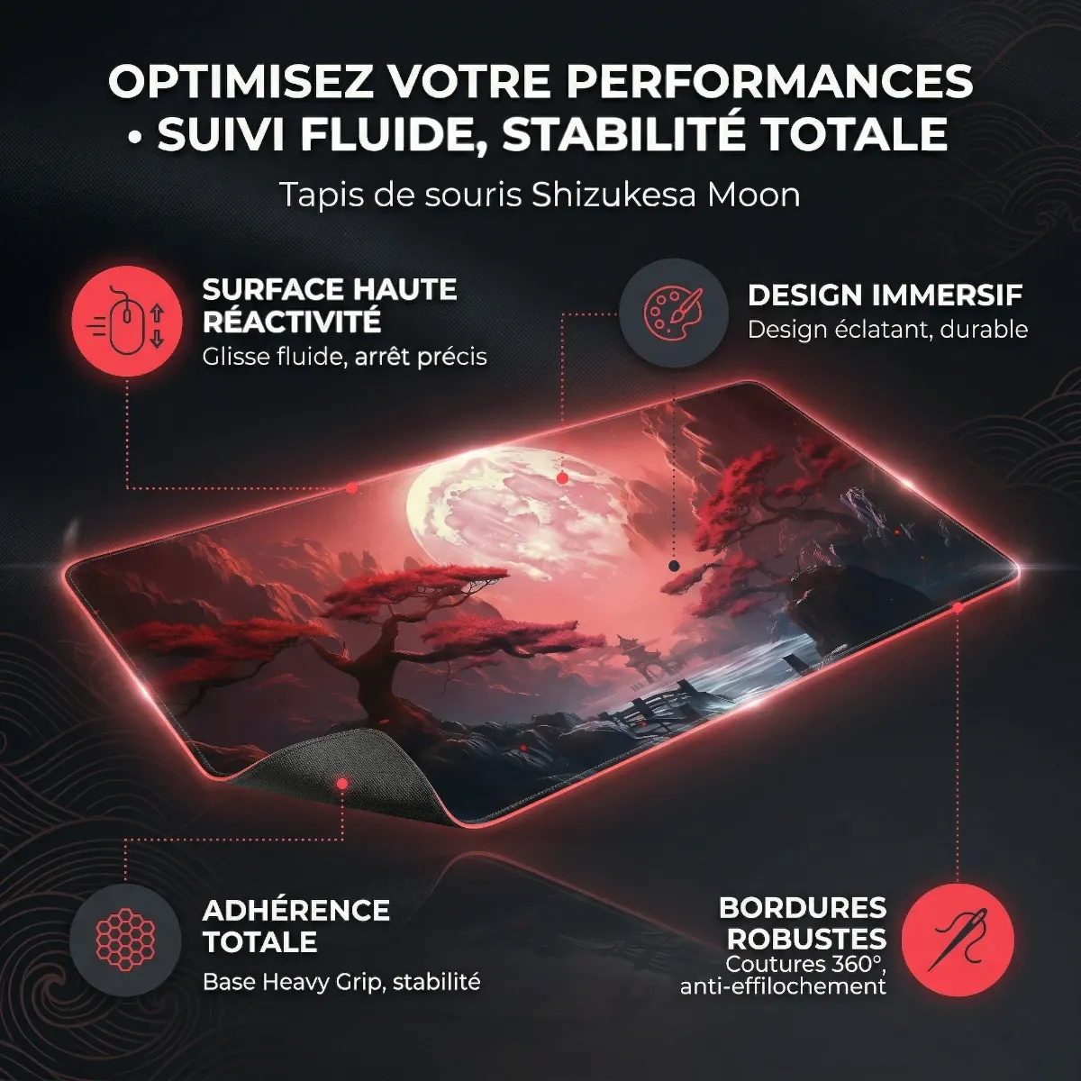 Caractéristiques techniques du tapis de souris Shizukesa Moon : surface haute réactivité, suivi fluide, stabilité totale et bordures brodées anti-effilochement.