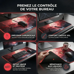 Infographie des bénéfices du tapis de souris Shizukesa Moon : précision chirurgicale, confort créatif XXL et résistance aux liquides pour un setup protégé.