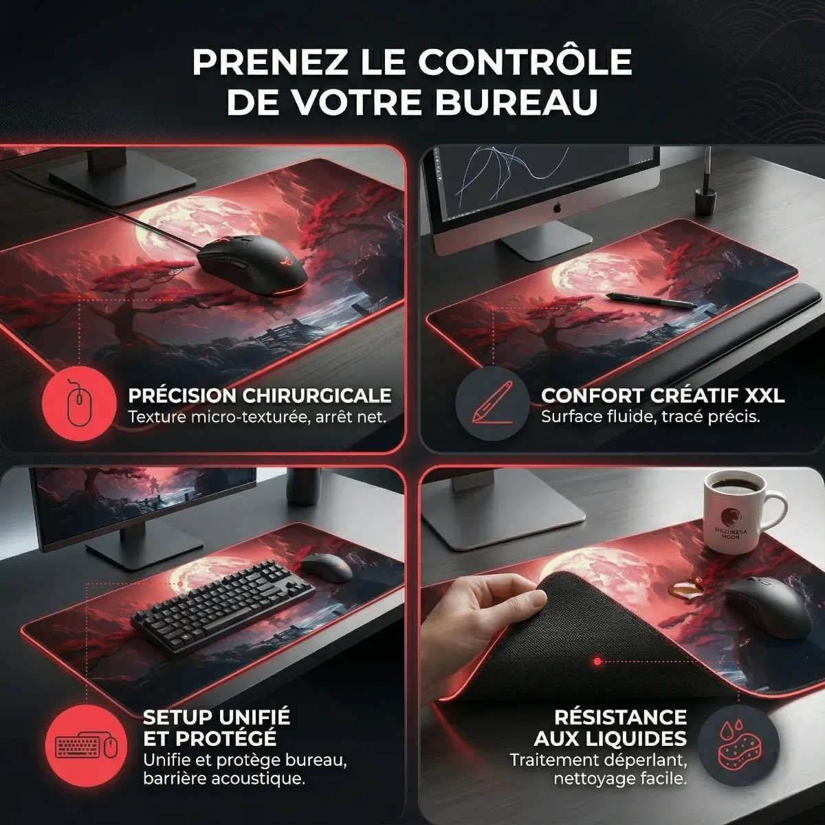 Infographie des bénéfices du tapis de souris Shizukesa Moon : précision chirurgicale, confort créatif XXL et résistance aux liquides pour un setup protégé.