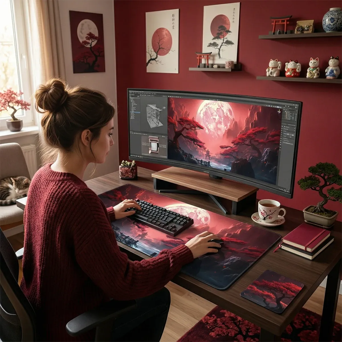 Mise en situation du tapis de souris Shizukesa Moon XXL dans un bureau professionnel au style japonais, apportant sérénité et esthétique au setup de travail.
