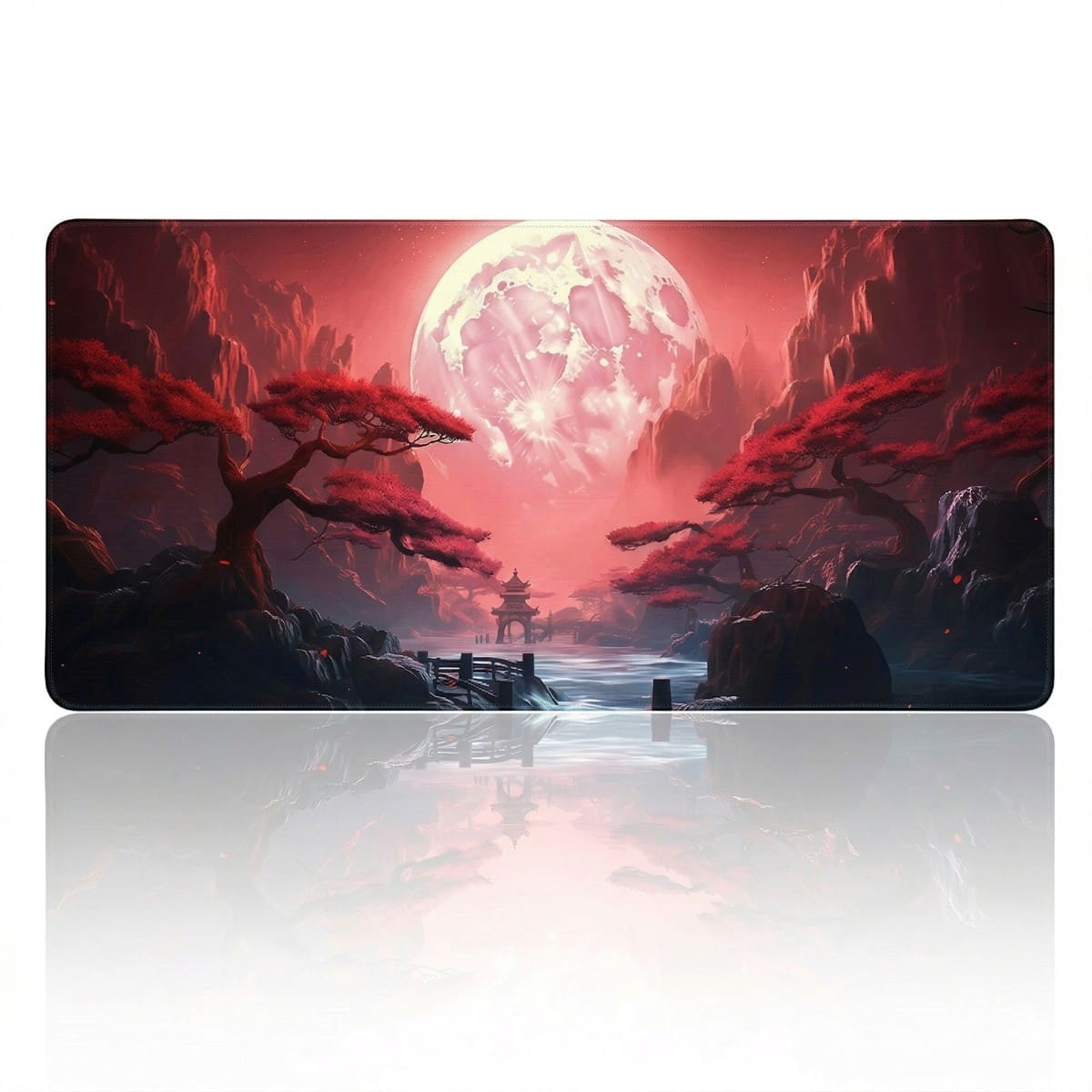 Vue de face du tapis de souris Shizukesa Moon XXL avec son design lunaire immersif rouge et blanc, optimisé pour la précision et la sérénité du curseur.