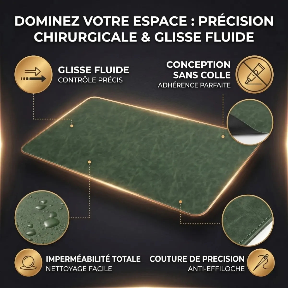 Infographie des caractéristiques techniques du Tapis de souris Titan Veil : glisse fluide, précision chirurgicale, imperméabilité.