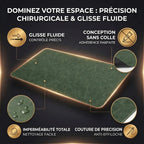 Infographie des caractéristiques techniques du Tapis de souris Titan Veil : glisse fluide, précision chirurgicale, imperméabilité.