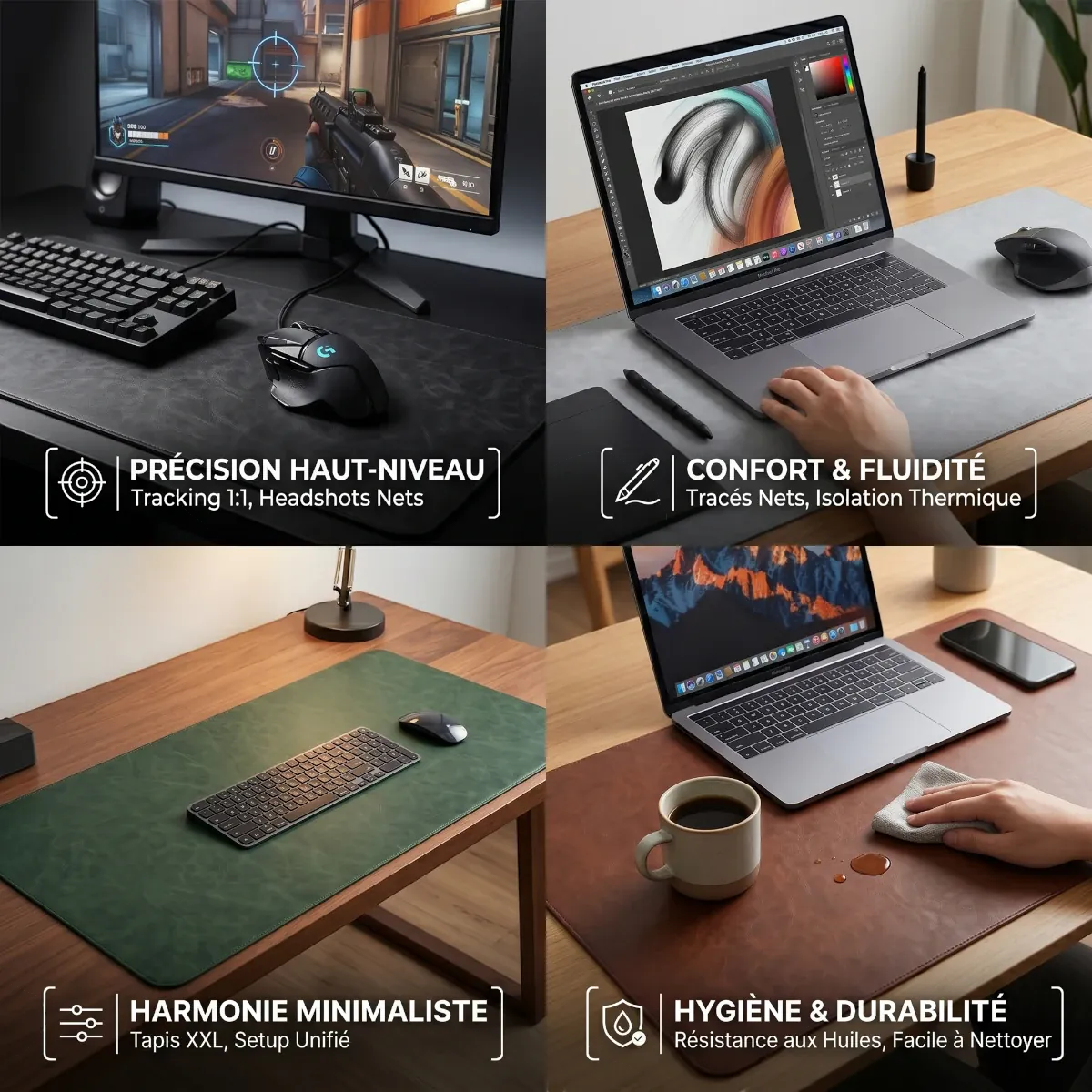Fiche produit mosaïque d'utilisation du Tapis de souris Titan Veil. Gaming, création et travail hybride.