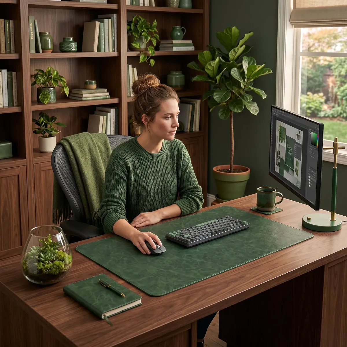 Mise en situation élégante du Tapis de souris Titan Veil vert foncé en cuir PU sur un bureau en bois, idéal pour la création et le confort.