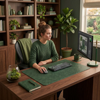 Mise en situation élégante du Tapis de souris Titan Veil vert foncé en cuir PU sur un bureau en bois, idéal pour la création et le confort.