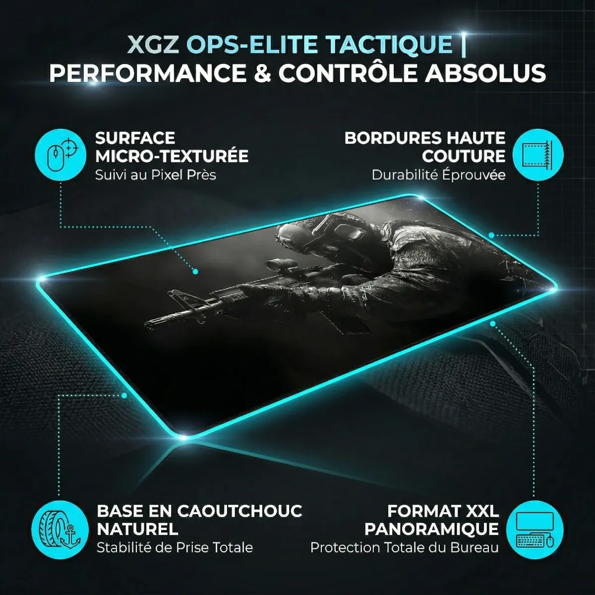 Infographie des caractéristiques techniques du tapis de souris XGZ Tactical Ops-Elite XXL : surface micro-texturée, bordures haute couture, base en caoutchouc naturel, format XXL. Précision et contrôle tactique.