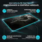 Infographie des caractéristiques techniques du tapis de souris XGZ Tactical Ops-Elite XXL : surface micro-texturée, bordures haute couture, base en caoutchouc naturel, format XXL. Précision et contrôle tactique.