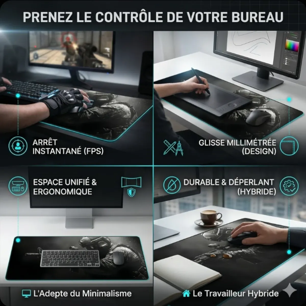 Scénarios d'utilisation du tapis de souris XGZ Tactical Ops-Elite XXL : Gamer FPS, Créatif Design, Minimaliste, Travailleur Hybride. Tissu micro-tressé pour la précision et le contrôle tactique.