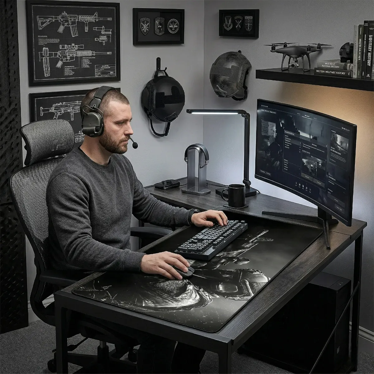 Tapis de souris XGZ Tactical Ops-Elite XXL utilisé par un homme dans un setup de bureau gaming tactique complet. Tissu micro-tressé pour la précision et le contrôle tactique.