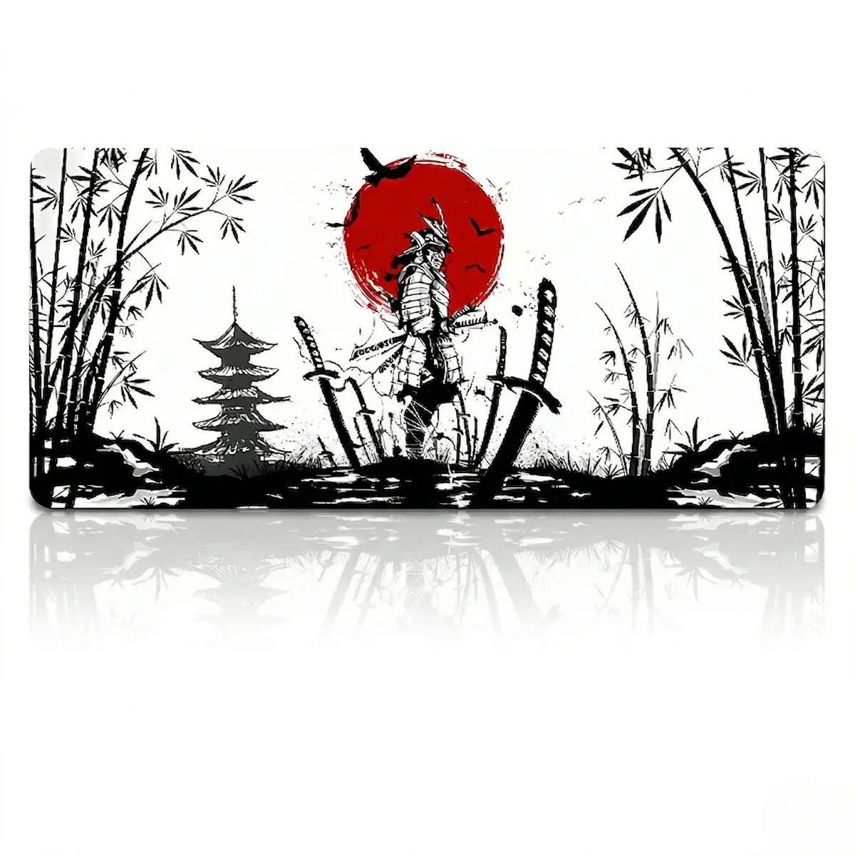 Tapis de souris XXL Bushido – Édition Samouraï – Précision & Glisse : vue d'ensemble du design avec guerrier et soleil rouge.