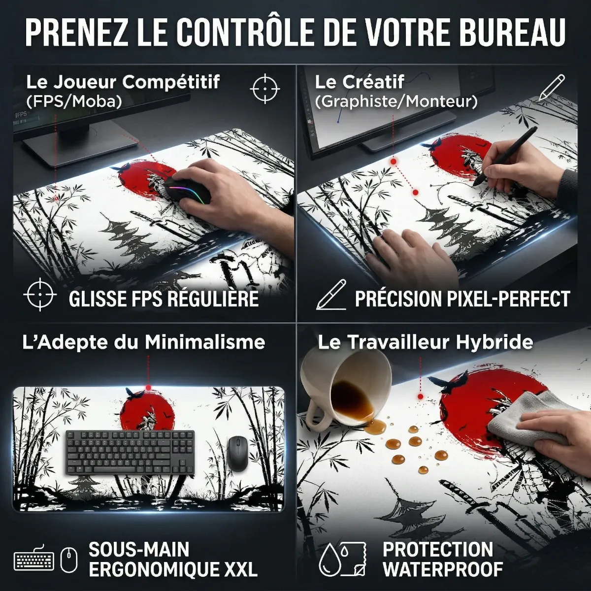 Infographie des usages du tapis de souris XXL Bushido – Édition Samouraï – Précision & Glisse : Gaming FPS, Graphisme et Bureau.