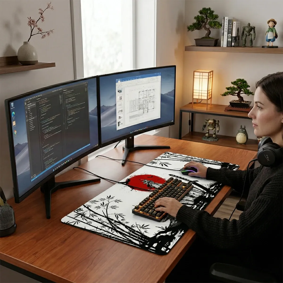 Tapis de souris XXL Bushido – Édition Samouraï – Précision & Glisse installé sur un bureau ergonomique avec deux écrans.