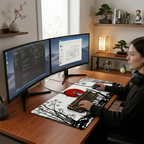 Tapis de souris XXL Bushido – Édition Samouraï – Précision & Glisse installé sur un bureau ergonomique avec deux écrans.