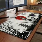 Gros plan en angle du tapis de souris XXL Bushido – Édition Samouraï – Précision & Glisse sur un bureau en bois massif.